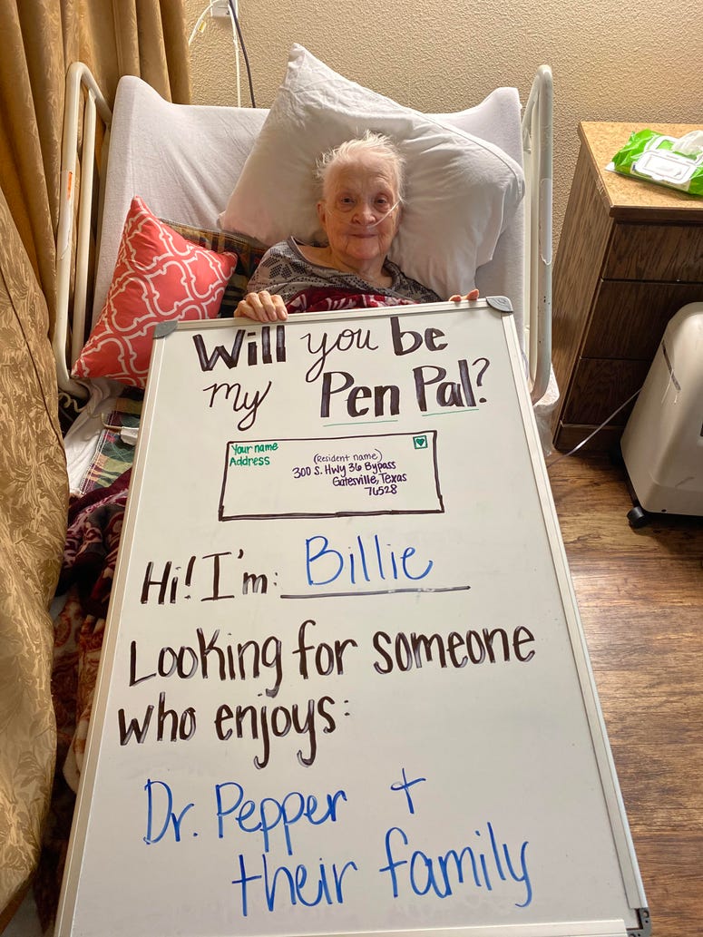 (Photo courtesy of Katie-Rose Watson/ Hillside Medical Lodge) Miss Billie requesting pen pals at Hillside Medical Lodge in Gatesville, TX.