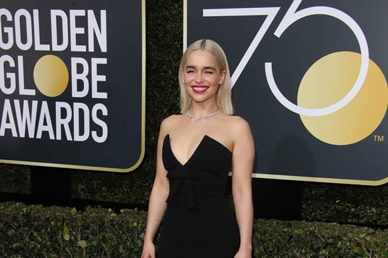 Jan 7, 2018; Beverly Hills, CA, USA; Emilia Clarke arrives for the 75th Golden Globe Awards at the Beverly Hilton. Jan 7, 2018; Beverly Hills, CA, USA; Emilia Clarke arrives for the 75th Golden Globe Awards at the Beverly Hilton.