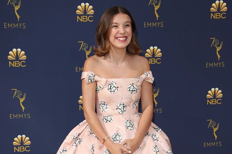 Sep 17, 2018; Los Angeles, CA, USA; Millie Bobby Brown arrives for the 70th Emmy Awards at the Microsoft Theater. Sep 17, 2018; Los Angeles, CA, USA; Millie Bobby Brown arrives for the 70th Emmy Awards at the Microsoft Theater.