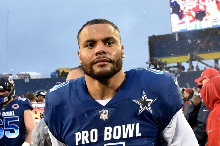 Jan 27, 2019; Orlando, FL, USA; NFC quarterback Dak Prescott of the Dallas Cowboys (4) walks off the field after the losing to the AFC in the NFL Pro Bowl football game at Camping World Stadium Jan 27, 2019; Orlando, FL, USA; NFC quarterback Dak Prescott of the Dallas Cowboys (4) walks off the field after the losing to the AFC in the NFL Pro Bowl football game at Camping World Stadium