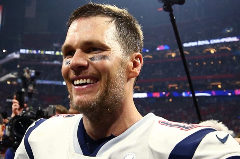 Feb 3, 2019; Atlanta, GA, USA; New England Patriots quarterback Tom Brady (12) celebrates after defeating the Los Angeles Rams in Super Bowl LIII at Mercedes-Benz Stadium. Feb 3, 2019; Atlanta, GA, USA; New England Patriots quarterback Tom Brady (12) celebrates after defeating the Los Angeles Rams in Super Bowl LIII at Mercedes-Benz Stadium.