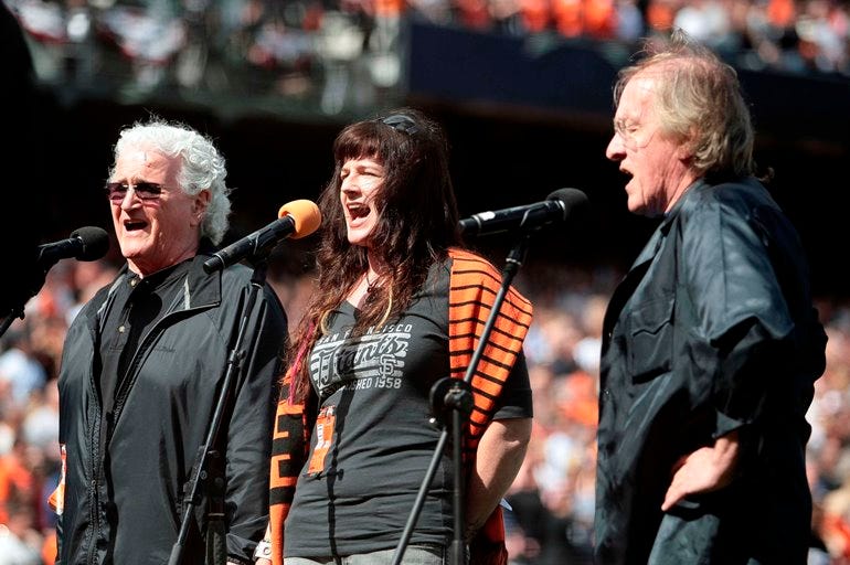 April 05, 2013; San Francisco, CA, USA; Jefferson Starship sings God Bless America during the seventh inning stretch between the San Francisco Giants and the St. Louis Cardinals at AT&T Park (minus retired Grace Slick and Marty Balin) April 05, 2013; San Francisco, CA, USA; Jefferson Starship sings God Bless America during the seventh inning stretch between the San Francisco Giants and the St. Louis Cardinals at AT&T Park (minus retired Grace Slick and Marty Balin)