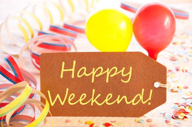 Party Label, Streamer And Balloon, Yellow Text Happy Weekend. Party Label, Streamer And Balloon, Yellow Text Happy Weekend.