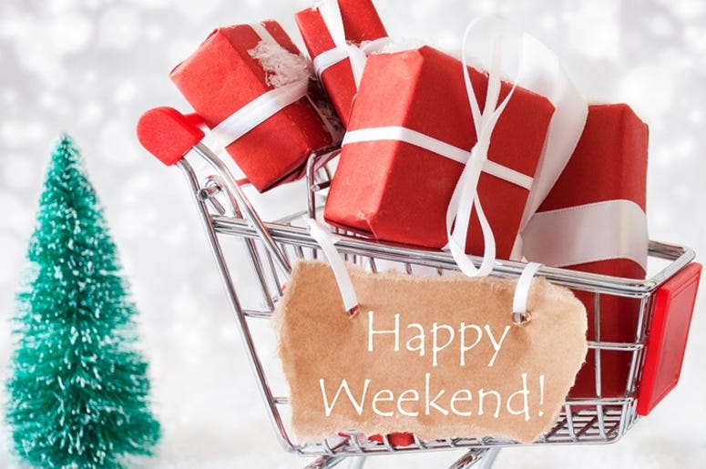 Trolly With Christmas Presents And Snow, Text Happy Weekend Trolly With Christmas Presents And Snow, Text Happy Weekend