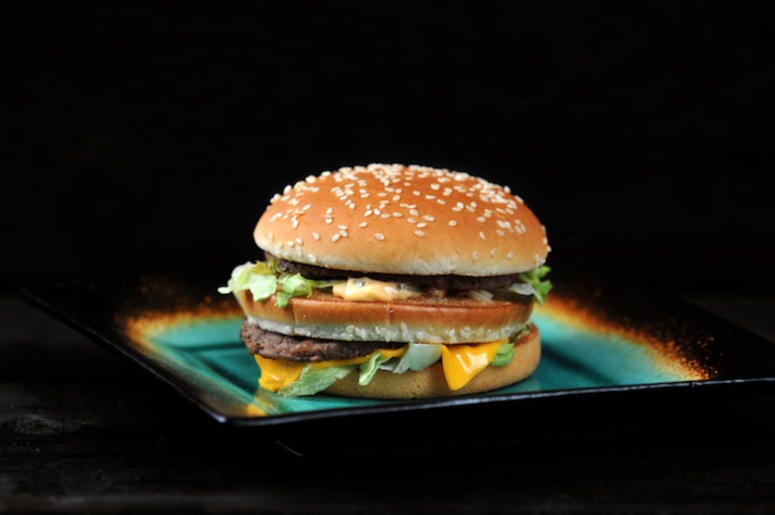 McDonald's, Big Mac, Plate, Black Background, Hamburger McDonald's, Big Mac, Plate, Black Background, Hamburger