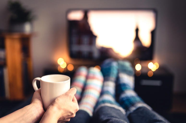 Couple, Couch, Mug, Socks, Television, Christmas Movies, Christmas Couple, Couch, Mug, Socks, Television, Christmas Movies, Christmas