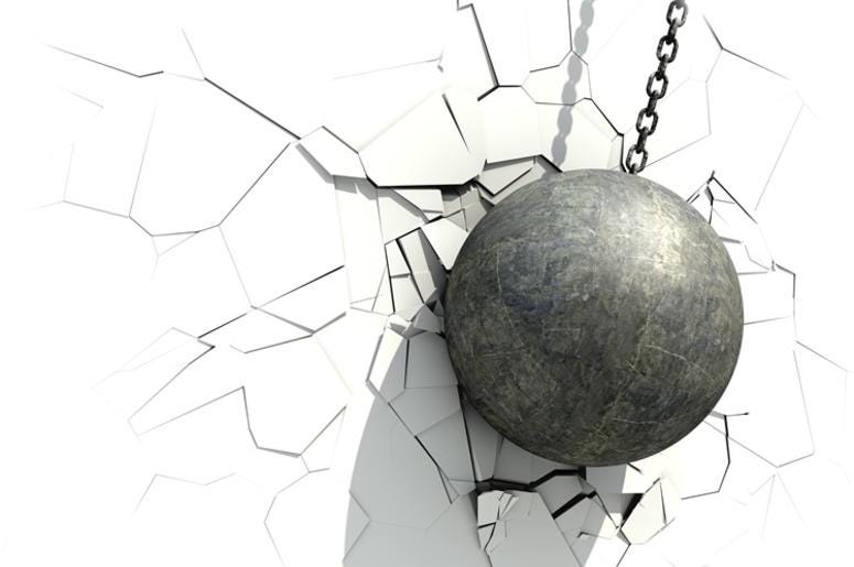 Metallic Wrecking Ball Shattering The White Wall. 3D Illustration. Metallic Wrecking Ball Shattering The White Wall. 3D Illustration.