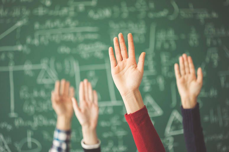Hands Raised, Chalkboard, School, Math Class, Classroom Hands Raised, Chalkboard, School, Math Class, Classroom