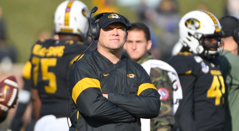 Nov 16, 2019; Columbia, MO, USA; Missouri Tigers head coach Barry Odom watches the replay board during a play review in the second half against the Florida Gators at Memorial Stadium/Faurot Field. Denny Medley-USA TODAY Sports