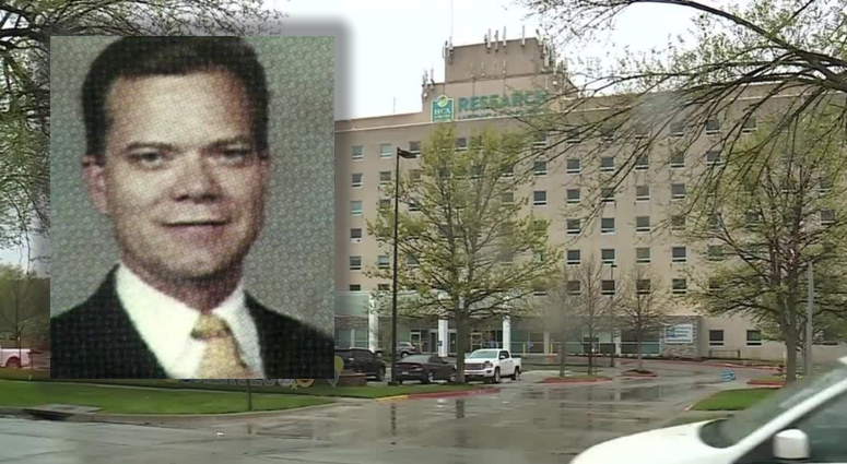 A headshot of Robert Courtney overlaid against a background of the exterior of Research Medical Center