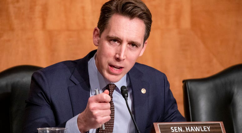 WASHINGTON, DC - DECEMBER 18: Sen. Josh Hawley (R-MO) questions Department of Justice Inspector General Michael Horowitz during a Senate Committee On Homeland Security And Governmental Affairs hearing at the US Capitol on December 18, 2019 in Washington,