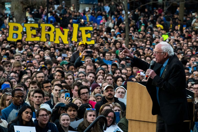 ANN ARBOR, MI - MARCH 08: Democratic presidential candidate Sen. Bernie Sanders (I-VT) addresses supporters during a campaign rally on March 8, 2020 in Ann Arbor, Michigan. (Photo by Brittany Greeson/Getty Images) ANN ARBOR, MI - MARCH 08: Democratic presidential candidate Sen. Bernie Sanders (I-VT) addresses supporters during a campaign rally on March 8, 2020 in Ann Arbor, Michigan. (Photo by Brittany Greeson/Getty Images)