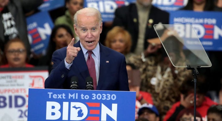 Democratic presidential candidate Joe Biden addresses supporters in Michigan on primary day, March 11, 2020. Democratic presidential candidate Joe Biden addresses supporters in Michigan on primary day, March 11, 2020.
