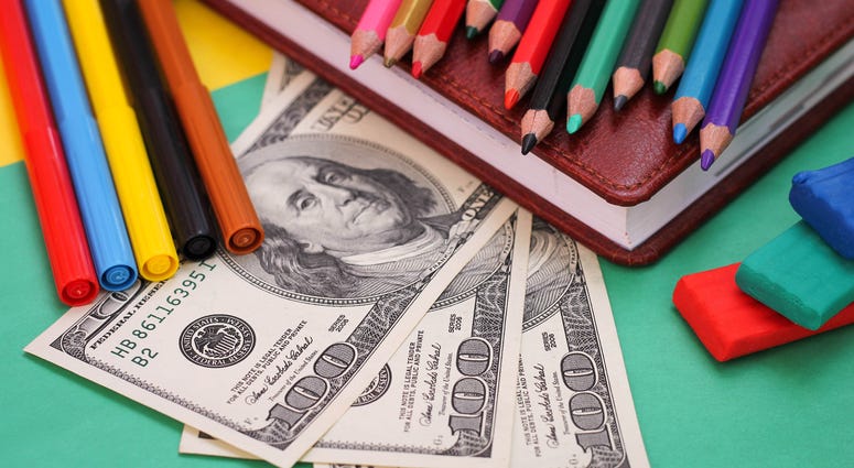 Photograph of school supplies and hundred dollar bills