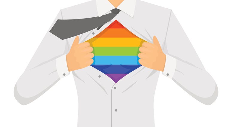 Illustration of man opening shirt and revealing rainbow stripes.