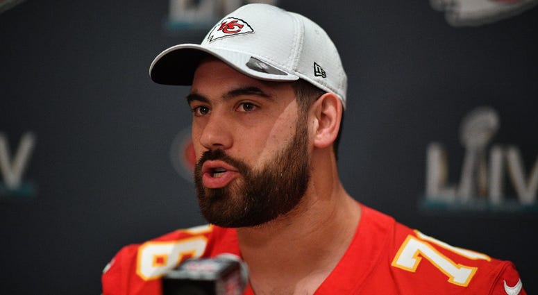 Laurent Duvernay-Tardif #76 of the Kansas City Chiefs speaks to the media during the Kansas City Chiefs media availability prior to Super Bowl LIV at the JW Marriott Turnberry on January 29, 2020 in Aventura, Florida.