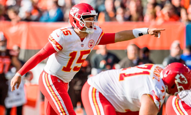 Nov 4, 2018; Cleveland, OH, USA; Kansas City Chiefs quarterback Patrick Mahomes (15) makes a call during the first half against the Cleveland Browns at FirstEnergy Stadium. Credit: Ken Blaze-USA TODAY Sports