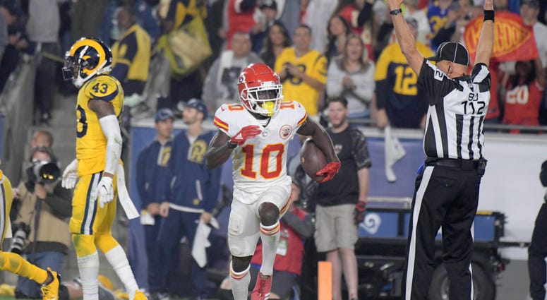 Nov 19, 2018; Los Angeles, CA, USA; Kansas City Chiefs wide receiver Tyreek Hill (10) celebrates his touchdown during the first half against the Los Angeles Rams at the Los Angeles Memorial Coliseum. Credit: Kirby Lee-USA TODAY Sports