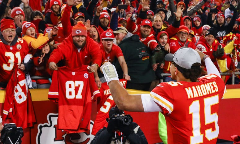 Dec 30, 2018; Kansas City, MO, USA; Kansas City Chiefs quarterback Patrick Mahomes (15) interacts with fans after the game against the Oakland Raiders at Arrowhead Stadium. Mandatory Credit: Jay Biggerstaff-USA TODAY Sports