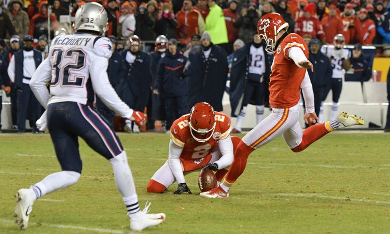 Jan 20, 2019; Kansas City, MO, USA; Kansas City Chiefs kicker Harrison Butker (7) kicks a field goal to tie the game during the second half of the AFC Championship game at Arrowhead Stadium. Mandatory Credit: Denny Medley-USA TODAY Sports