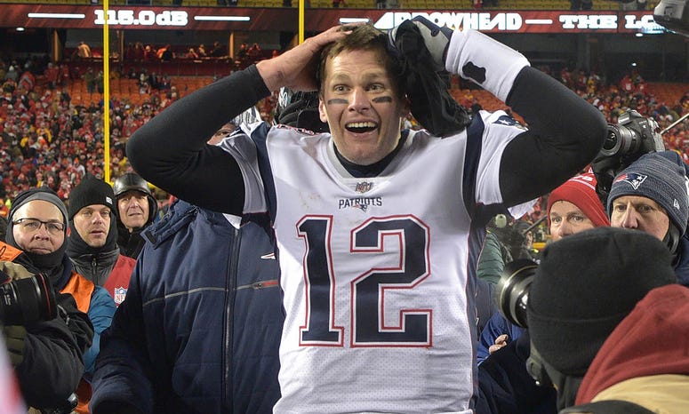 Jan 20, 2019; Kansas City, MO, USA; New England Patriots quarterback Tom Brady (12) reacts after defeating the Kansas City Chiefs during overtime in the AFC Championship game at Arrowhead Stadium. Mandatory Credit: Jay Biggerstaff-USA TODAY Sports