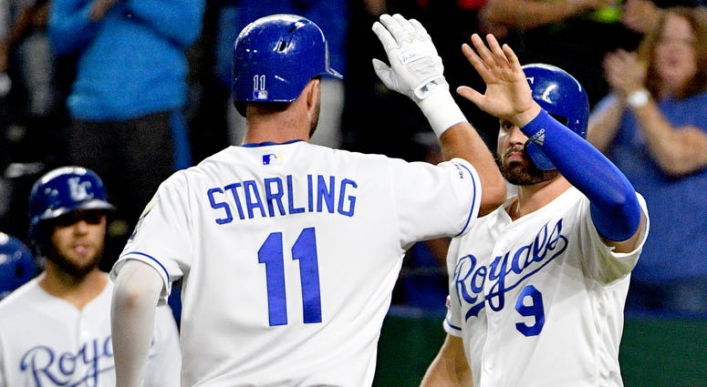 Sep 24, 2019; Kansas City, MO, USA; Kansas City Royals center fielder Bubba Starling (11) is congratulated by right fielder Ryan McBroom (9) after scoring in the third inning against the Atlanta Braves at Kauffman Stadium. Mandatory Credit: Denny Medley-U Sep 24, 2019; Kansas City, MO, USA; Kansas City Royals center fielder Bubba Starling (11) is congratulated by right fielder Ryan McBroom (9) after scoring in the third inning against the Atlanta Braves at Kauffman Stadium. Mandatory Credit: Denny Medley-U