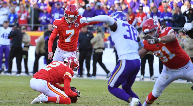 Nov 3, 2019; Kansas City, MO, USA; Kansas City Chiefs kicker Harrison Butker (7) kicks the winning field goal during the second half against the Minnesota Vikings at Arrowhead Stadium. Denny Medley-USA TODAY Sports