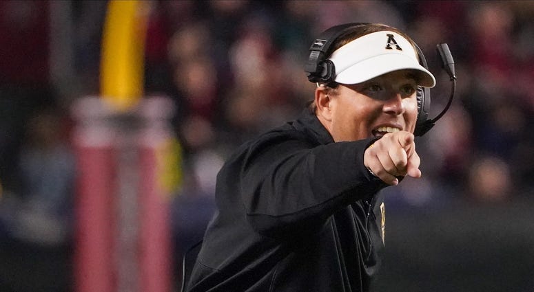 Nov 9, 2019; Columbia, SC, USA; Appalachian State Mountaineers head coach Eliah Drinkwitz argues an intentional grounding call during the first quarter against the South Carolina Gamecocks at Williams-Brice Stadium. Jim Dedmon-USA TODAY Sports