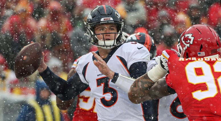 Dec 15, 2019; Kansas City, MO, USA; Denver Broncos quarterback Drew Lock (3) throws a pass against the Kansas City Chiefs during the first half at Arrowhead Stadium. Credit: Jay Biggerstaff-USA TODAY Sports