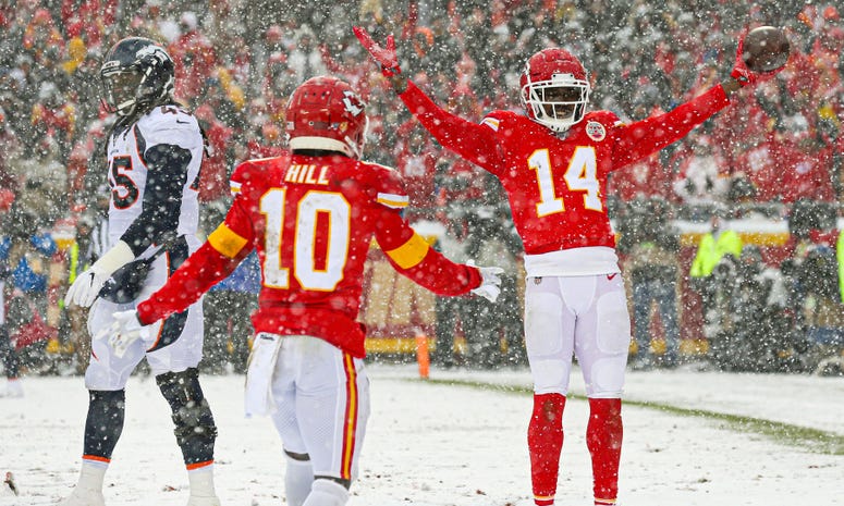 Dec 15, 2019; Kansas City, MO, USA; Kansas City Chiefs wide receiver Sammy Watkins (14) celebrates with wide receiver Tyreek Hill (10) after converting a two-point conversion against Denver Broncos linebacker A.J. Johnson (45) during the second half at Ar Dec 15, 2019; Kansas City, MO, USA; Kansas City Chiefs wide receiver Sammy Watkins (14) celebrates with wide receiver Tyreek Hill (10) after converting a two-point conversion against Denver Broncos linebacker A.J. Johnson (45) during the second half at Ar