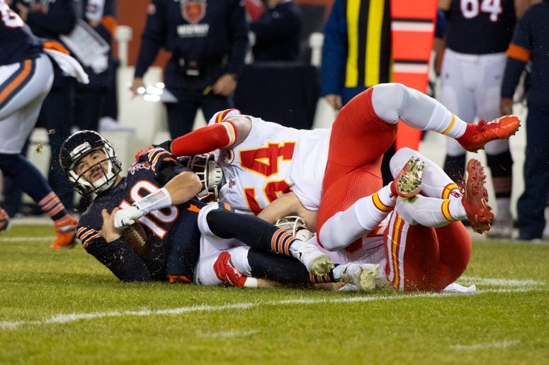 Dec 22, 2019; Chicago, Illinois, USA; Kansas City Chiefs outside linebacker Damien Wilson (54) sacks Chicago Bears quarterback Mitchell Trubisky (10) during the first half at Soldier Field. Credit: Mike Dinovo-USA TODAY Sports Dec 22, 2019; Chicago, Illinois, USA; Kansas City Chiefs outside linebacker Damien Wilson (54) sacks Chicago Bears quarterback Mitchell Trubisky (10) during the first half at Soldier Field. Credit: Mike Dinovo-USA TODAY Sports