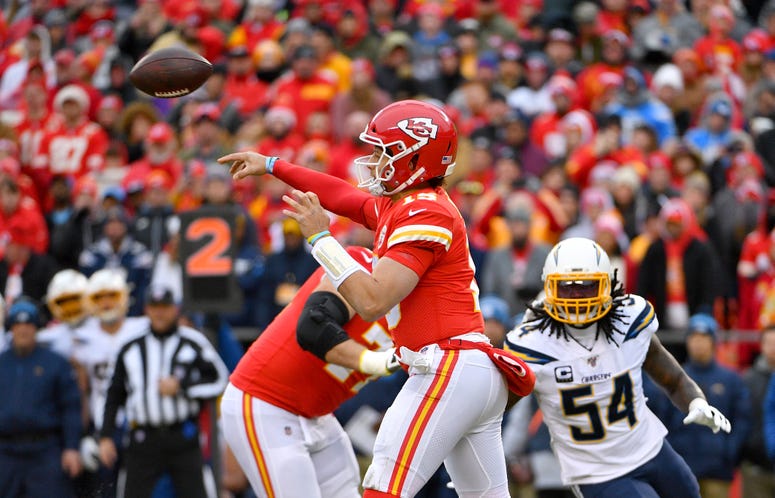 Dec 29, 2019; Kansas City, Missouri, USA; Kansas City Chiefs quarterback Patrick Mahomes (15) throws a pass during the first half against the Los Angeles Chargers at Arrowhead Stadium. Credit: Denny Medley-USA TODAY Sports Dec 29, 2019; Kansas City, Missouri, USA; Kansas City Chiefs quarterback Patrick Mahomes (15) throws a pass during the first half against the Los Angeles Chargers at Arrowhead Stadium. Credit: Denny Medley-USA TODAY Sports