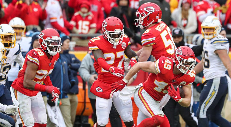 Dec 29, 2019; Kansas City, Missouri, USA; Kansas City Chiefs defensive back Daniel Sorensen (49) celebrates after intercepting a pass against the Los Angeles Chargers during the second half at Arrowhead Stadium. Credit: Jay Biggerstaff-USA TODAY Sports Dec 29, 2019; Kansas City, Missouri, USA; Kansas City Chiefs defensive back Daniel Sorensen (49) celebrates after intercepting a pass against the Los Angeles Chargers during the second half at Arrowhead Stadium. Credit: Jay Biggerstaff-USA TODAY Sports