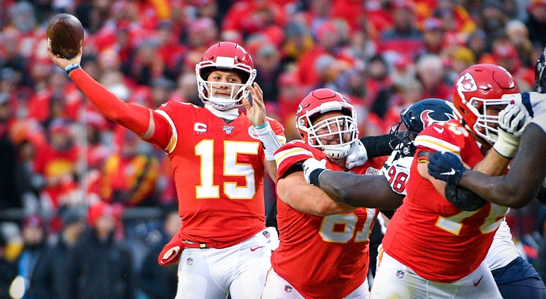 Kansas City Chiefs quarterback Patrick Mahomes (15) passes against the Houston Texans during the third quarter in a AFC Divisional Round playoff football game at Arrowhead Stadium. Credit: Denny Medley-USA TODAY Sports