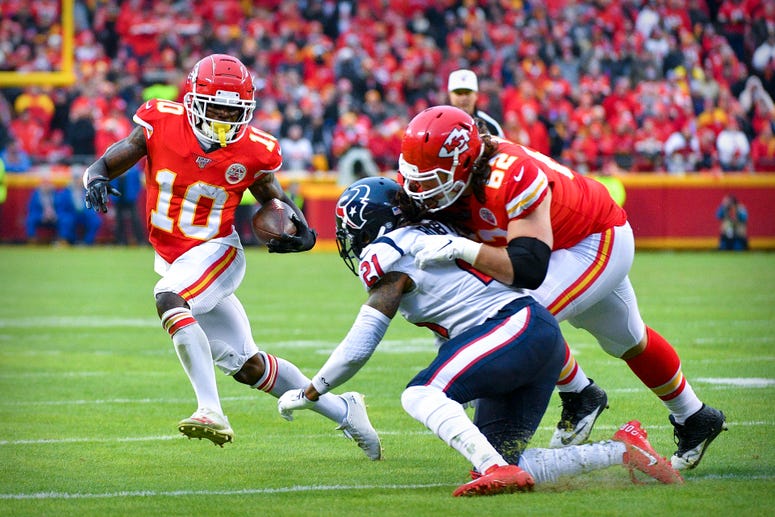 Jan 12, 2020; Kansas City, MO, USA; Kansas City Chiefs wide receiver Tyreek Hill (10) runs with the ball against the Houston Texans during the third quarter in a AFC Divisional Round playoff football game at Arrowhead Stadium. Credit: Denny Medley-USA TOD Jan 12, 2020; Kansas City, MO, USA; Kansas City Chiefs wide receiver Tyreek Hill (10) runs with the ball against the Houston Texans during the third quarter in a AFC Divisional Round playoff football game at Arrowhead Stadium. Credit: Denny Medley-USA TOD