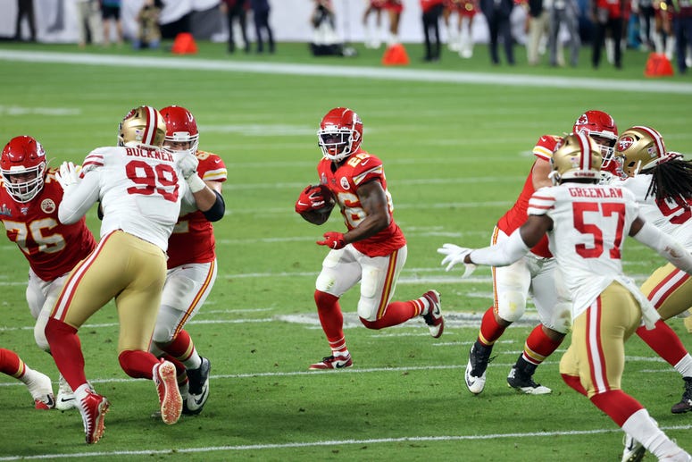 Feb 2, 2020; Miami Gardens, Florida, USA; Kansas City Chiefs running back Damien Williams (26) carries the ball against the San Francisco 49ers during the first quarter in Super Bowl LIV at Hard Rock Stadium. Mandatory Credit: Geoff Burke-USA TODAY Sports Feb 2, 2020; Miami Gardens, Florida, USA; Kansas City Chiefs running back Damien Williams (26) carries the ball against the San Francisco 49ers during the first quarter in Super Bowl LIV at Hard Rock Stadium. Mandatory Credit: Geoff Burke-USA TODAY Sports