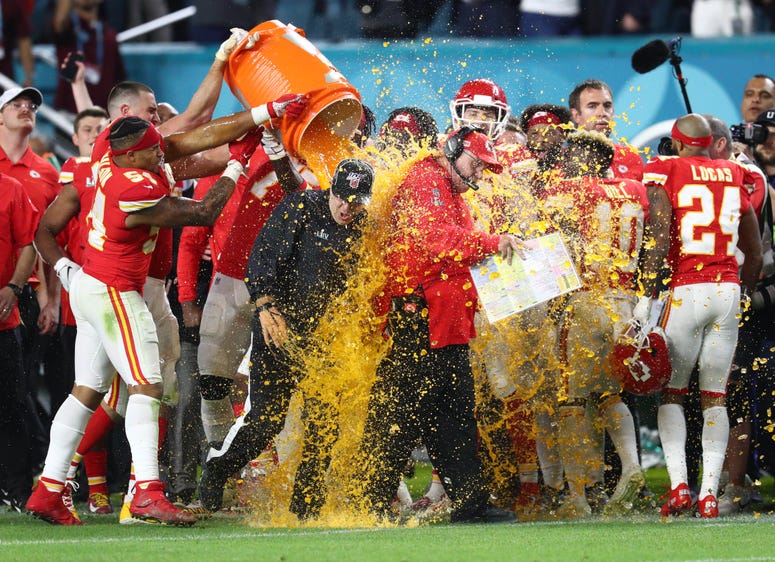 Feb 2, 2020; Miami Gardens, Florida, USA; Kansas City Chiefs head coach Andy Reid is dunked with Gatorade by his players in the fourth quarter against the San Francisco 49ers in Super Bowl LIV at Hard Rock Stadium. Mandatory Credit: Mark J. Rebilas-USA TO Feb 2, 2020; Miami Gardens, Florida, USA; Kansas City Chiefs head coach Andy Reid is dunked with Gatorade by his players in the fourth quarter against the San Francisco 49ers in Super Bowl LIV at Hard Rock Stadium. Mandatory Credit: Mark J. Rebilas-USA TO