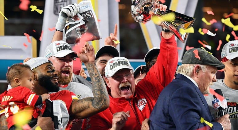 Feb 2, 2020; Miami Gardens, Florida, USA; Kansas City Chiefs head coach Andy Reid hoist the Vince Lombardi Trophy after defeating the San Francisco 49ers in Super Bowl LIV at Hard Rock Stadium. Credit: Robert Deutsch-USA TODAY Sports Feb 2, 2020; Miami Gardens, Florida, USA; Kansas City Chiefs head coach Andy Reid hoist the Vince Lombardi Trophy after defeating the San Francisco 49ers in Super Bowl LIV at Hard Rock Stadium. Credit: Robert Deutsch-USA TODAY Sports