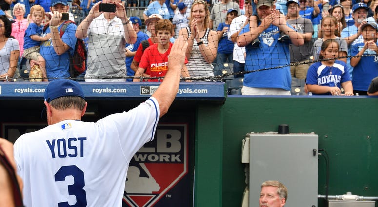 Sep 29, 2019; Kansas City, MO, USA; Kansas City Royals manager Ned Yost (3) waves to the crowd as he walks into the dugout after his last game before retirement against the Minnesota Twins at Kauffman Stadium.