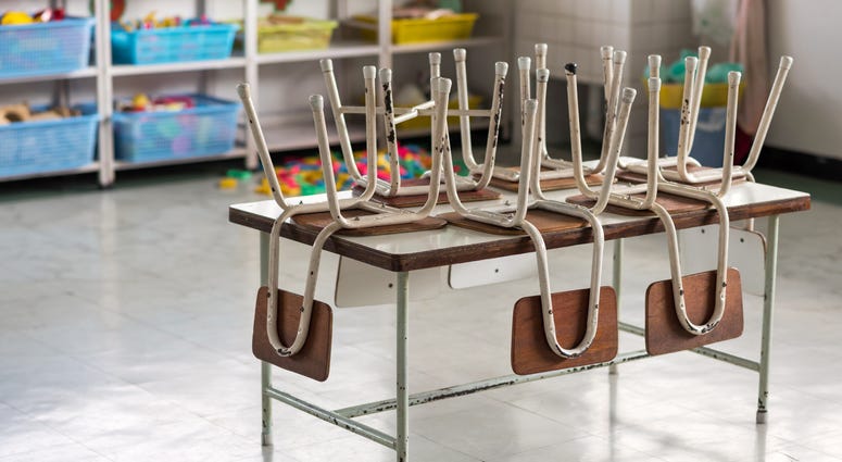 classroom chairs on top of a table
