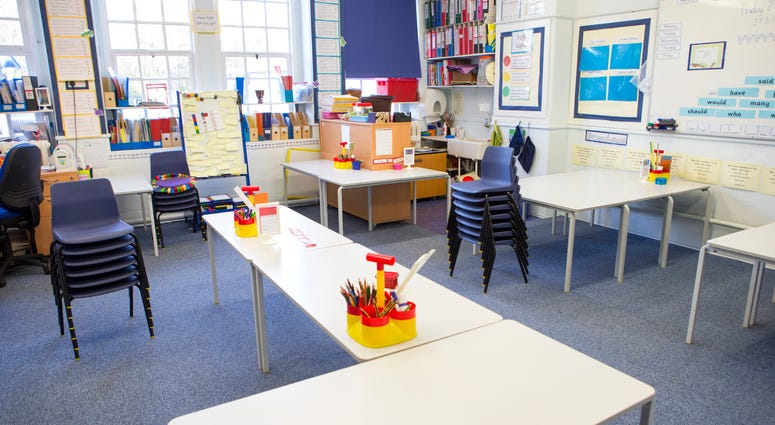 An image of an empty elementary school classroom