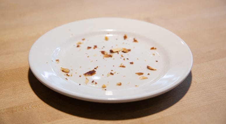 An empty dinner plate with crumbs