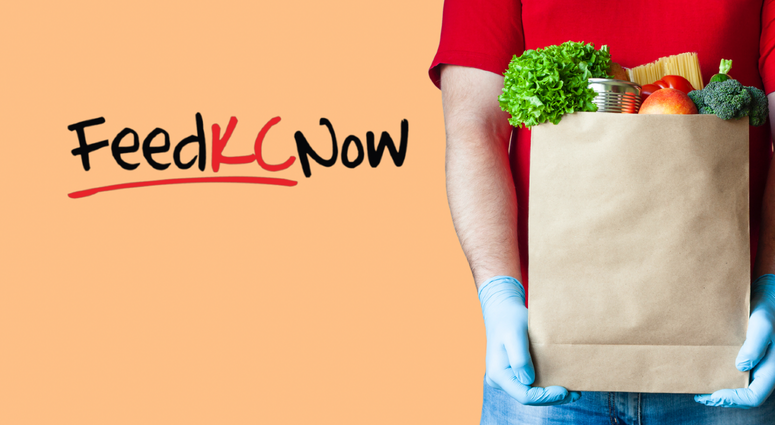 Gloved man holds bag of groceries with the words FeedKCNow