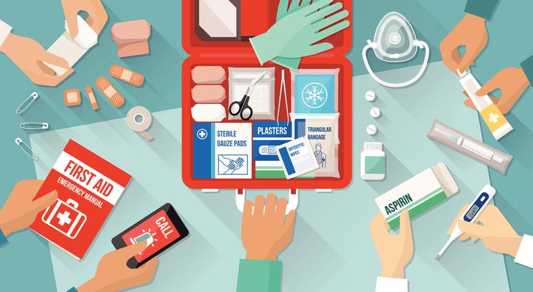 an illustration of several hands building a first aid kit