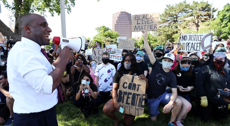 Kansas City Mayor Quinton Lucas addresses demonstrators with a bullhornon May 31, 2020 in Kansas City, Missouri. during protests at the Country Club Plaza