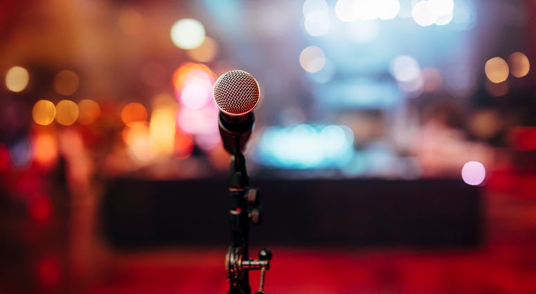 A view of a club from behind a microphone.