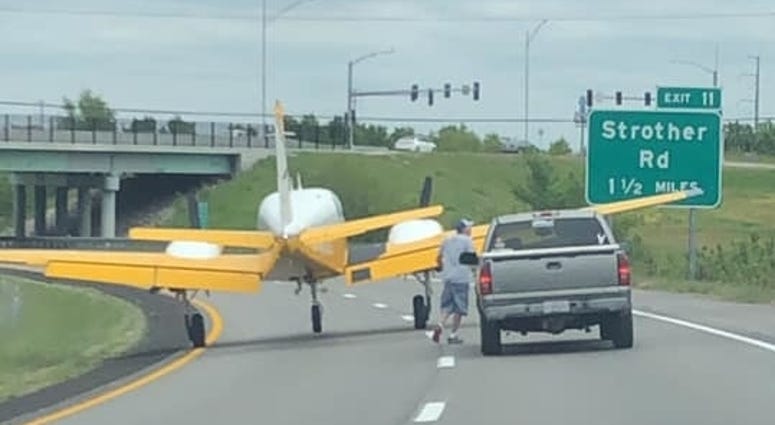 A small plane after landing on the interstate