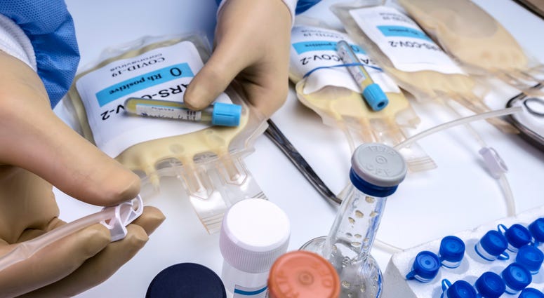Plasma bag with antibodies from people cured of SARS-COV-2 Covid-19 prepared in a hospital