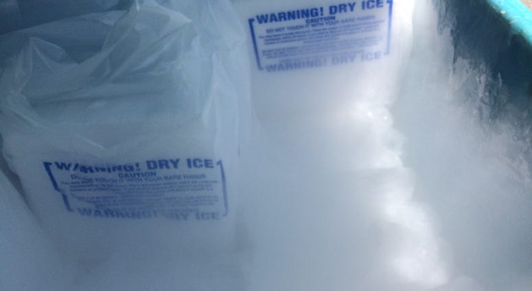 Dry ice sits in a freezer at the Home Depot in Kansas City, where KCP&L employees handed it out to customers on Monday