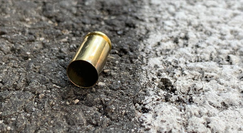 An empty shell casing on the ground